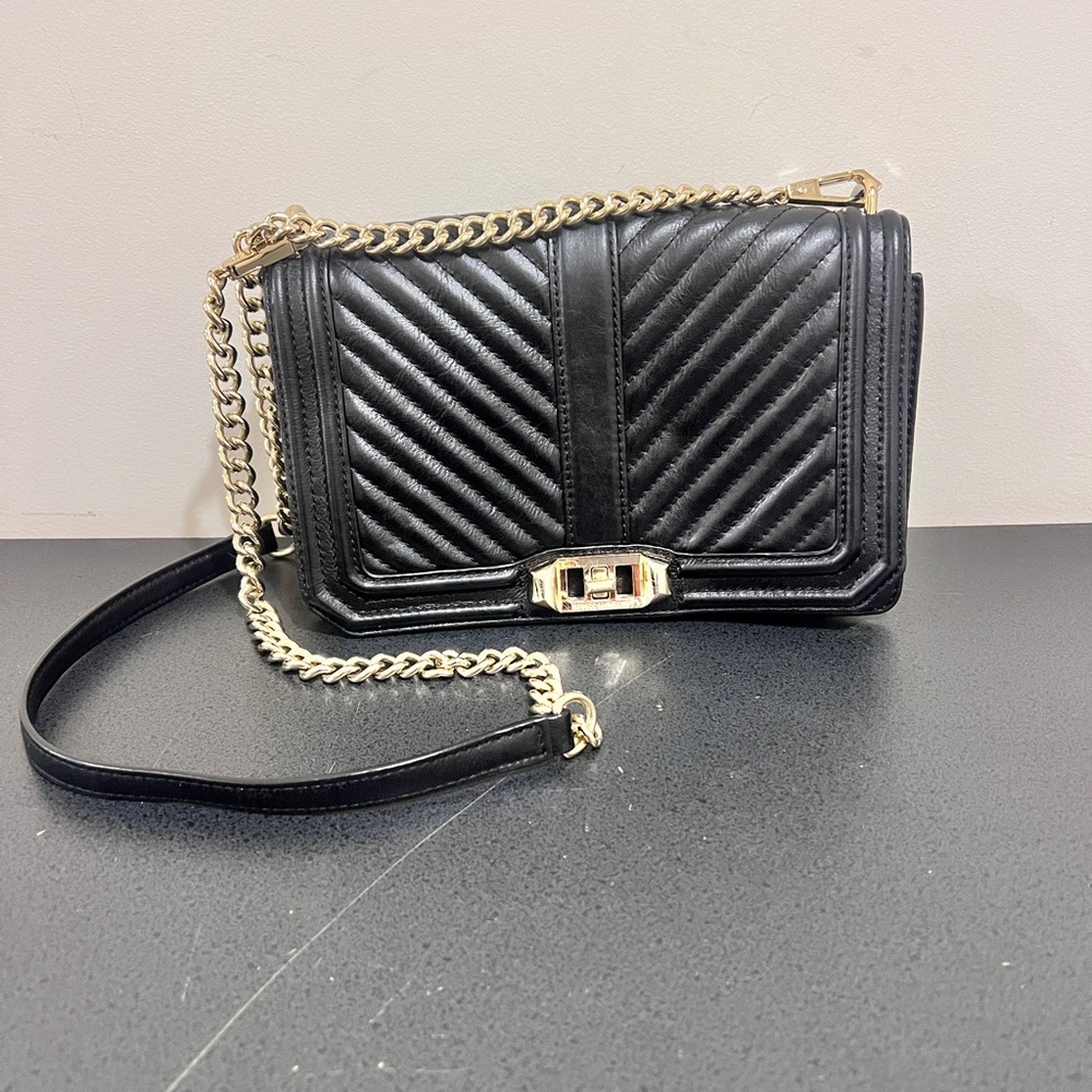 Rebecca Minkoff Chevron Love Leather Black and Gold Crossbody Bag - Picture 1 of 9